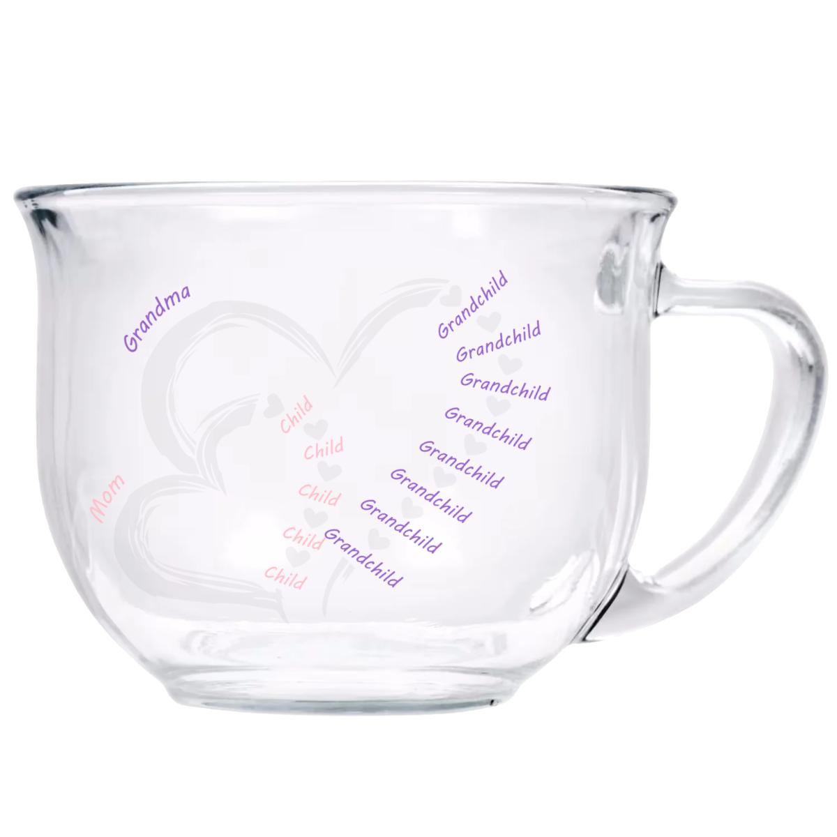 Engraved Clear Glass 18 oz Tea Cup - Mother And Grandmother Hearts